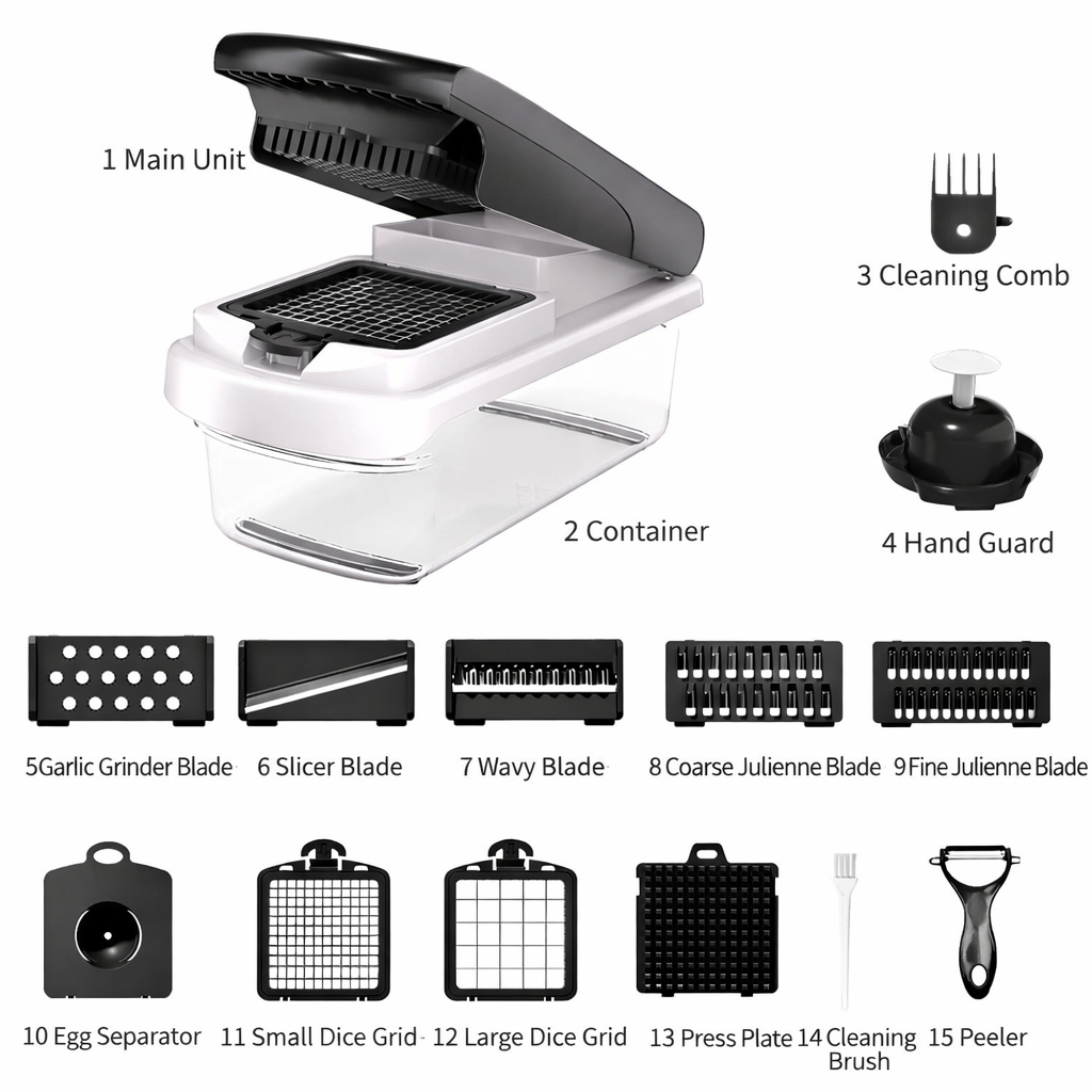 Vegetable Chopper,15-in-1 Multifunctional Food Chopper,Professional Onion Chopper with 8 Blades,Vegetable Cutter with Container for Salad