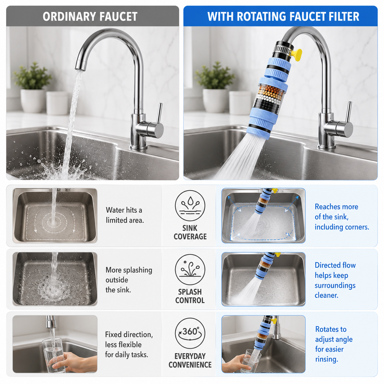 360° Rotating Faucet Filter – 6-Layer Filtration & Splash-Reducing Kitchen Sink Attachment