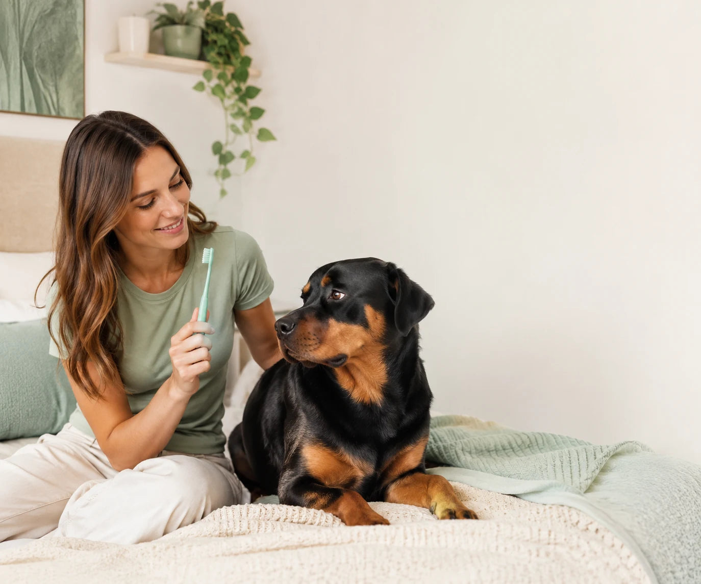 Dog turning away from a toothbrush