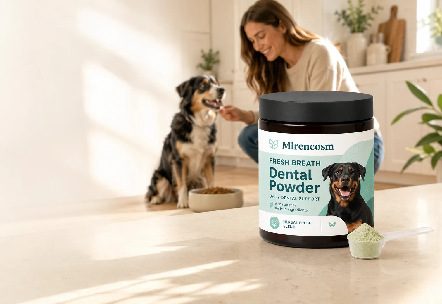 Mirencosm Fresh Breath Dental Powder with dog and owner