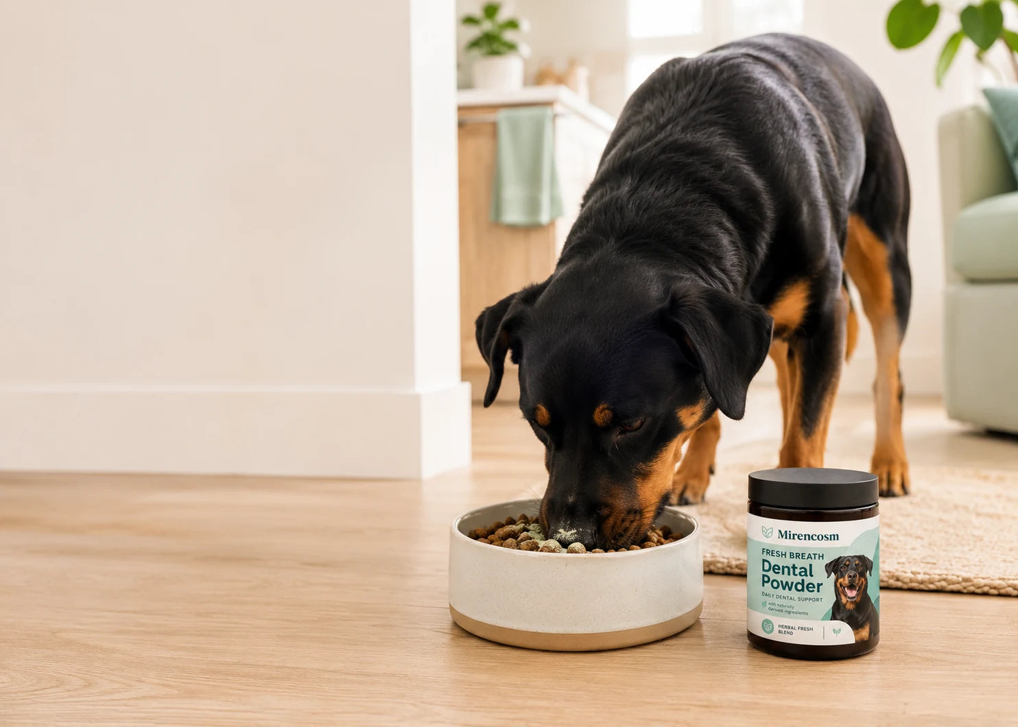 Dog eating a meal beside Mirencosm