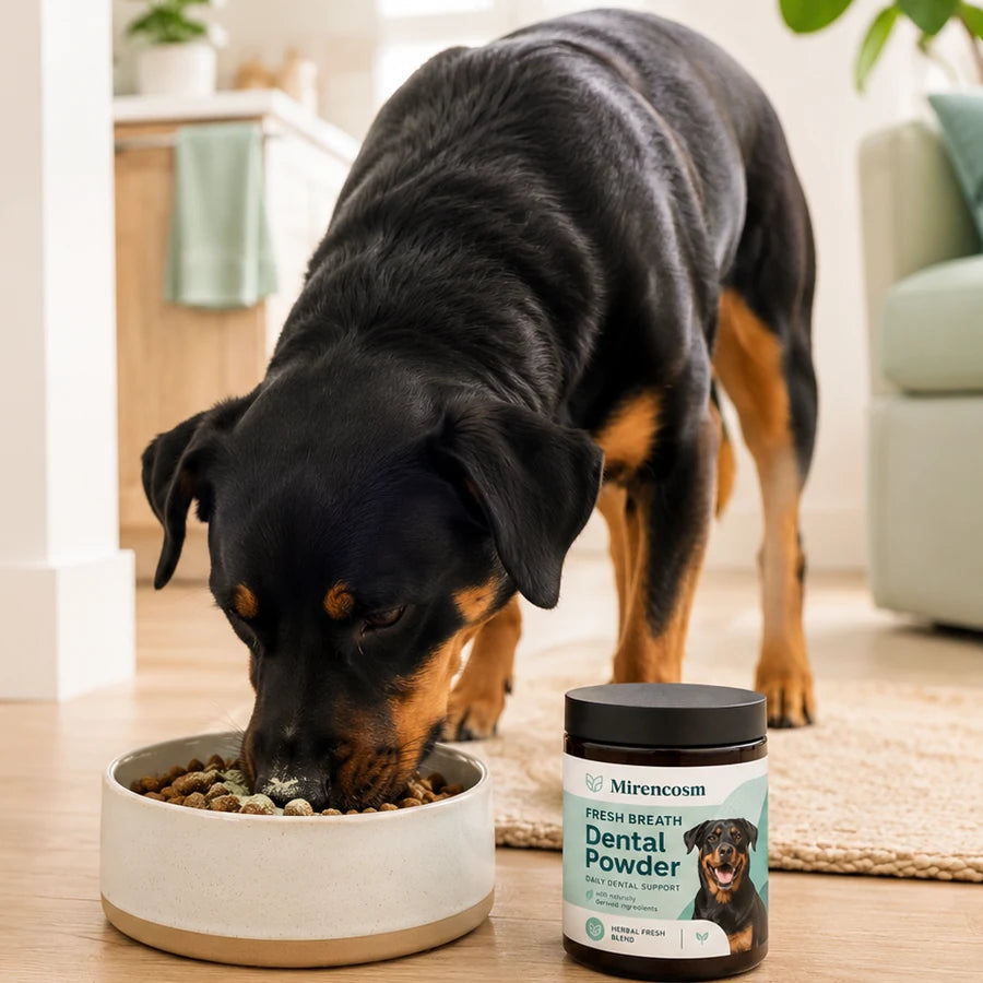 Dog eating food with Mirencosm
