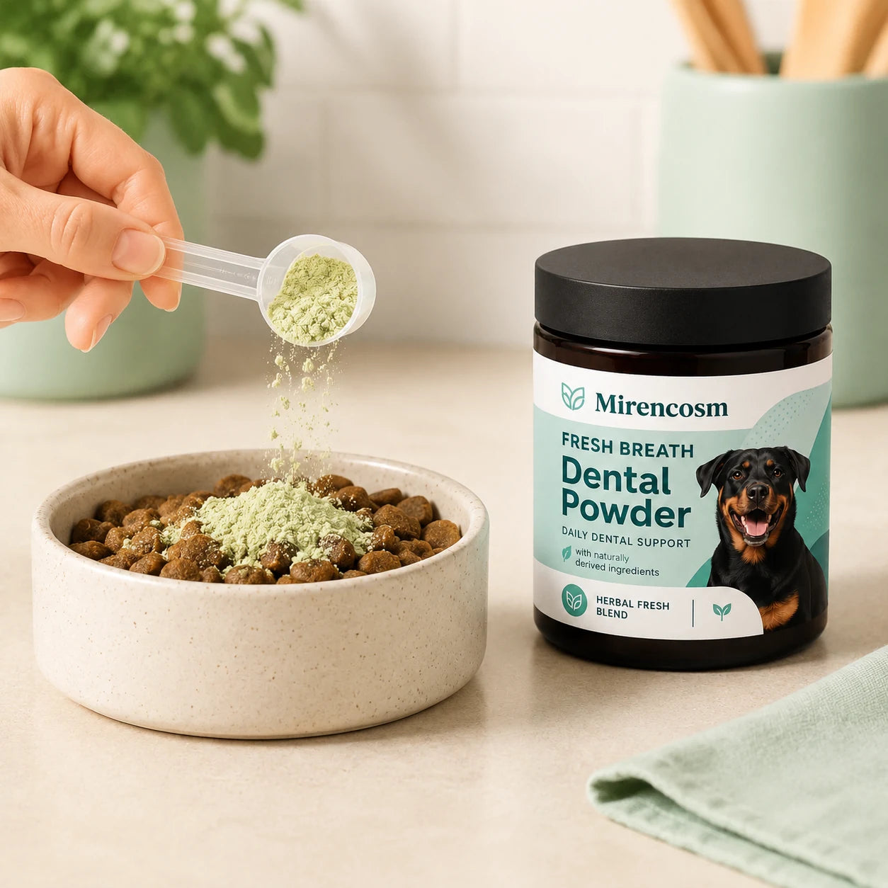 Sprinkling dental powder over dog food